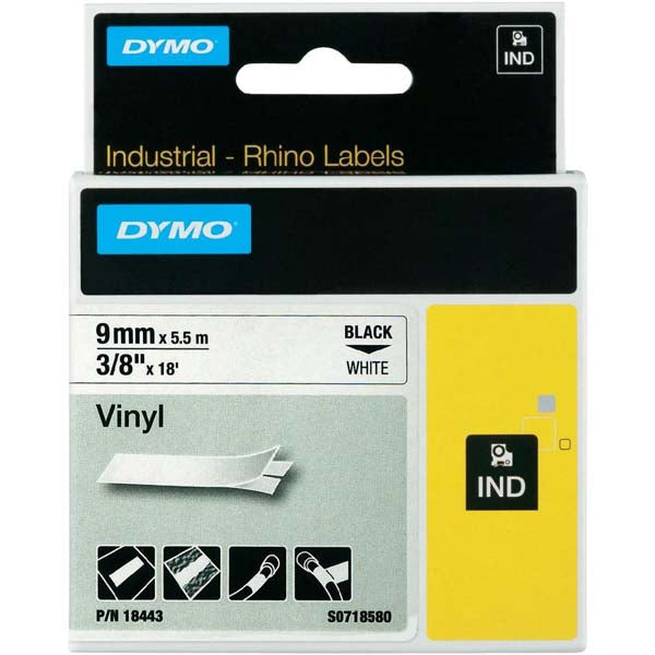 Dymo Rhino S0718580 18443 - 9mm White Vinyl Tape - Labelzone
