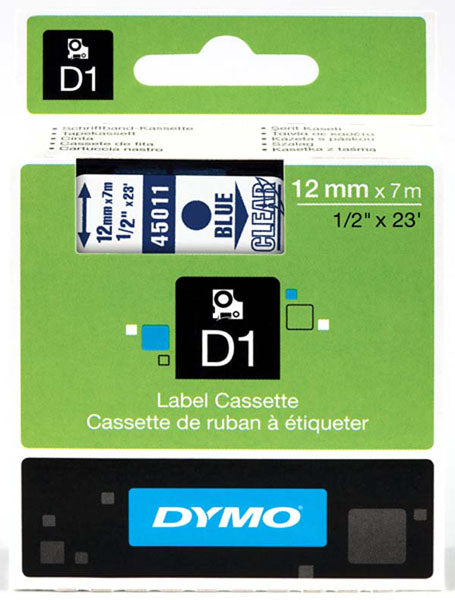 Dymo S0720510 D1 Tape 12mm Blue on Clear 45011 - Labelzone