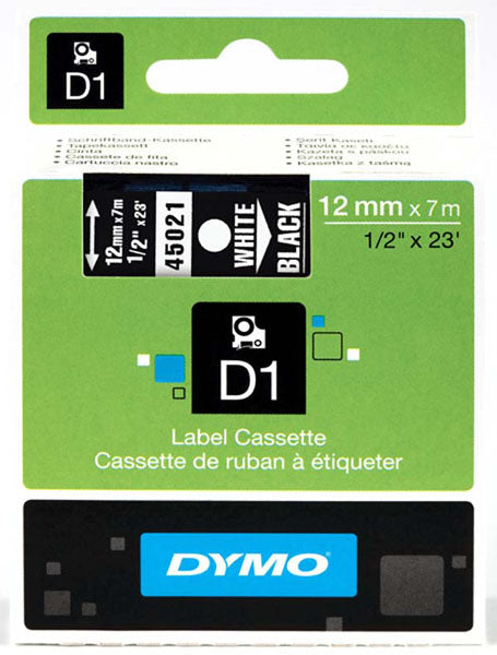 Dymo S0720610 D1 Tape 12mm White on Black 45021 - Labelzone