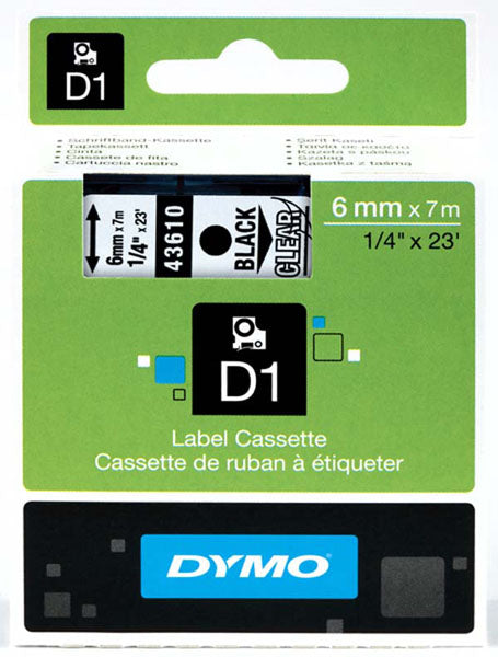 Dymo S0720770 D1 Tape 6mm Black on Clear 43610 - Labelzone