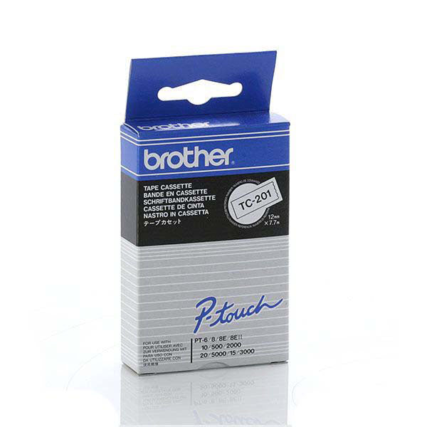 Brother TC-201 - 12mm Black on White Gloss TC Tape - Labelzone