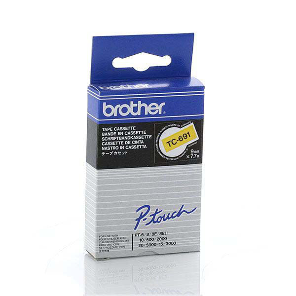 Brother TC-691 - 9mm Black on Yellow Gloss TC Tape - Labelzone