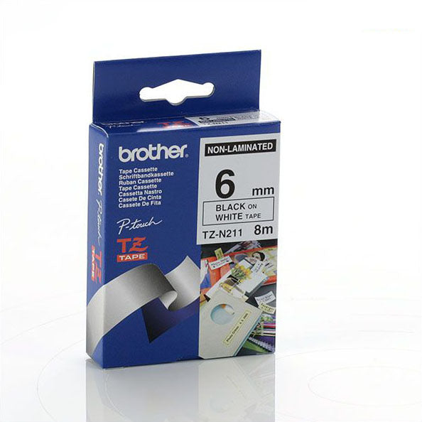 Brother TZ-N211 - 6mm Black on White NON Laminated Tape - Labelzone
